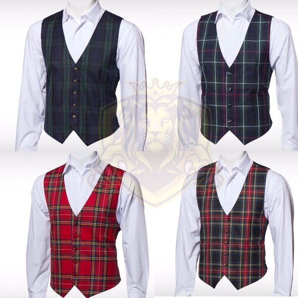 Handmade Scottish Tartan Waistcoat Bias Cut 5 Buttons Kilt Vest Wedding Vest in 40+ Clan Tartans