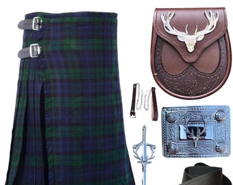 Men's Kilt Set Scottish Stag Head design 5 pieces Traditional dress kilt set available in 40+ Clan Tartans.