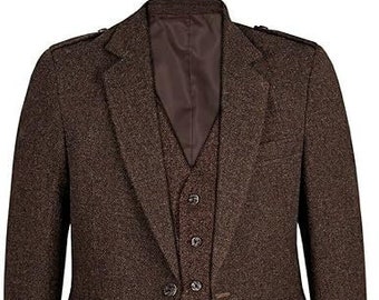 Chaqueta escocesa hecha a mano de tweed marrón escocés Argyle Kilt con chaleco de 5 Batton Argyle chaqueta de boda tamaño del pecho (34'' A 54'')