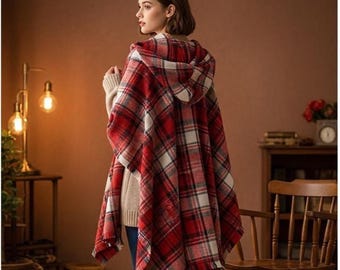 Chal con capucha a cuadros - Capa poncho a cuadros acogedora / Ropa exterior bohemia de otoño e invierno para mujer / Bufanda manta cálida con capucha
