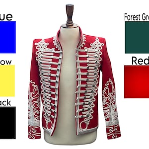 Regal Red Military Band Jacket Handcrafted Hussar Parade Coat with Silver Embroidery Jacket With 5 Diffrent Colours Chest Size 34&quot; to 54&quot;