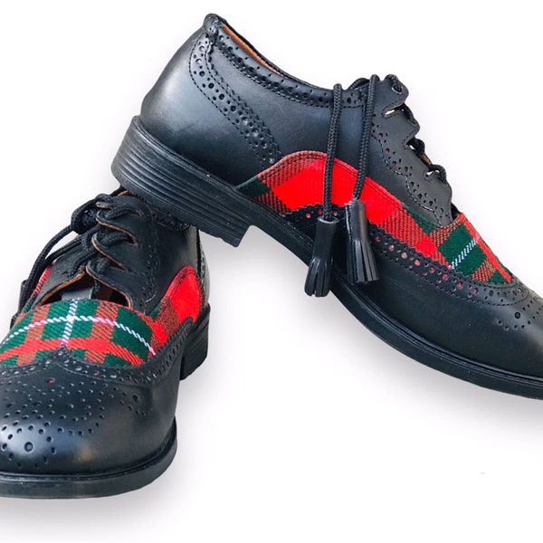 Men's Scottish Black Real Leather Tartan Kilt shoes Dress Shoes Ghillie Brogues Available in 40 Clan Tartans Shoes Size,(5 To 12)