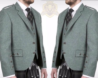 Lovet Green Escocés hecho a mano Argyle Kilt Chaqueta con chaleco Chaqueta de boda / Tamaño del pecho 34" a 54 pulgadas