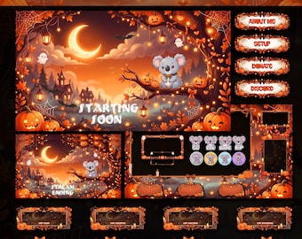 Cute Halloween Koala Animated Stream Pack Twitch Overlay Spooky Pumpkin Streaming Graphics