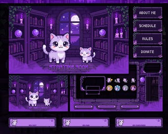 Retro Pixel Art Purple Magic Library Stream Package Cute Animated Cat Twitch Overlay Assets