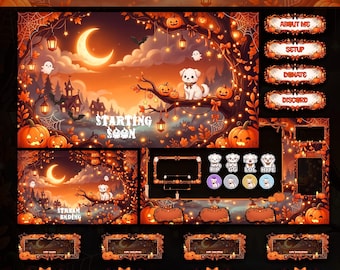 Cute Halloween Dog Stream Pack Animated Twitch Overlays Autumn Spooky Screens Panels & Alerts