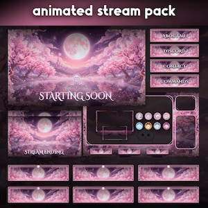 May include: An animated stream pack featuring a pink cherry blossom landscape with a full moon, a small white cat, and text overlays including STARTING SOON, STREAM ENDING, ABOUT ME, DISCORD, CONTACT, and COMMANDS, with various UI frames and circular icons.