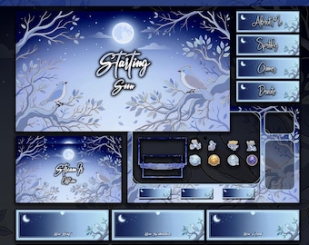 Cozy Blue Bird Night Stream Overlay Full Bundle for Twitch: Animated Screens, Panels & Badges