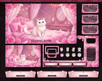 Cute White Cat Stream Overlay Pack | Animated Pink Princess Twitch Package | Girly Coquette Bundle