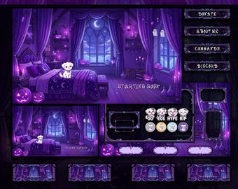 Animated Stream Pack Cute Dog In Cozy Purple Bedroom Spooky Halloween Twitch Overlays VTuber
