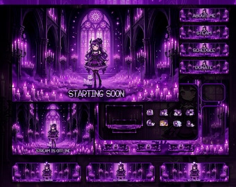 Purple Gothic Anime Stream Elements | Magical Cathedral Animated Twitch Overlays for VTubers