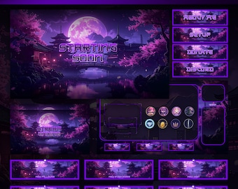 Animated Sakura Stream Pack | Purple Japanese Neon Twitch Overlay