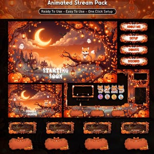 Peut inclure: Un pack de stream animé sur le thème d'Halloween avec des tons orange et noir. Il comprend des superpositions, des panneaux intitulés About Me, Setup, Donate, Discord, et des émoticônes de renard. Le texte indique Starting Soon, Stream Ending, GG, LOL, Hype, Rip.