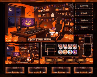 Animated Halloween Stream Overlay Package Cute Witch Fox Spooky Gaming Room Twitch Graphics