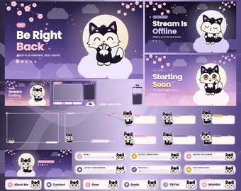 Cute Wolf Twitch Overlay Pack, Kawaii Pastel Purple Stream Package, Sakura Overlays, Emotes & Alerts