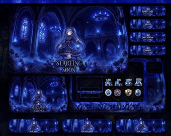 Full Blue Gothic Anime Stream Overlay Kit | Animated Twitch VTuber Package | Dark Overlays
