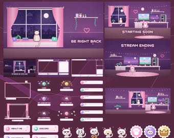 Pink Cat Twitch Stream Package | Cozy Lofi Gaming Room Overlays Panels Emotes & Alerts