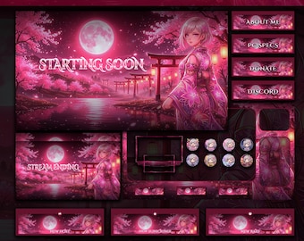 Full Pink Sakura Anime Stream Package Twitch Overlay : Cute Japanese VTuber Cherry Blossom Art