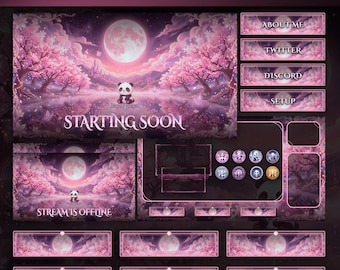Cute Panda Sakura Animated Stream Package | Pink Moon Twitch Overlay For Streamers