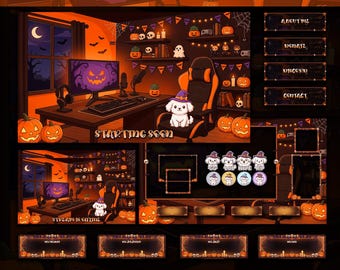 Animated Cozy Halloween Gaming Room Stream Overlay Pack with Cute Dog & Spooky Twitch Alerts
