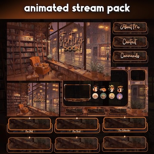 May include: An animated stream pack with a cozy, warm aesthetic. The design features a library scene with a window overlooking a city street. Includes panels for "About Me," "Contact," and "Commands," along with animated overlays.