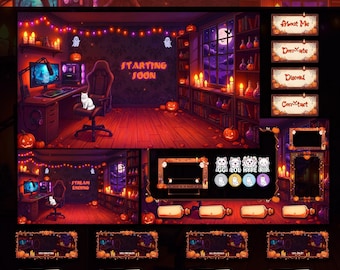 Halloween Animated Stream Pack Twitch Overlays Spooky Room Pumpkin Ghost Cat Alerts & Panels