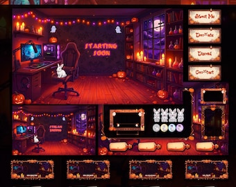 Spooky Halloween Animated Stream Complete Package, Cozy Witch Room Overlay With Cute White Bunny