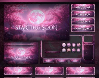 Animated Pink Sakura Stream Overlay Package : Cute Cherry Blossom Twitch Overlay Cozy Moon