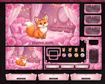 Pink Kawaii Fox Twitch Overlay, Animated Soft Coquette Stream Package, Cute Floral Vtuber Theme