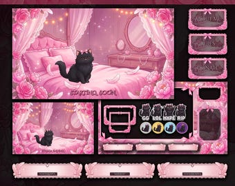 Cute Black Cat Stream Overlay Pack | Animated Pink Princess Twitch Package | Girly Coquette Bundle