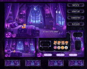 Halloween Animated Stream Package Cozy Spooky Purple Bedroom Fox Twitch Overlays For VTuber
