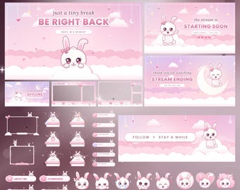 Pink Bunny Twitch Graphics Pack, Kawaii Stream Overlays