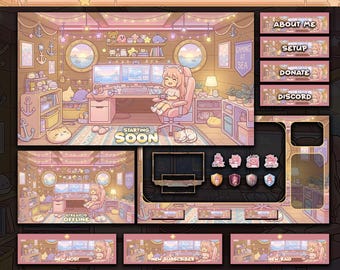 Animated Kawaii Pink Cozy Gaming Room Twitch Stream : Pack Cute Anime Cat Girl VTuber Overlay
