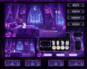 Cozy Purple Spooky Stream Overlay Package | Animated Cute White Rabbit Screens Panels Twitch