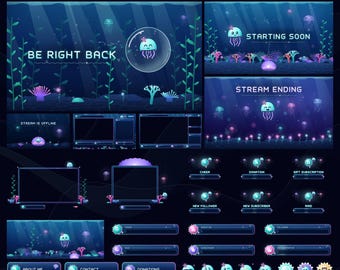 Niedliches Quallen-Tiefsee-Twitch-Stream-Paket: Ozean-Overlays, Benachrichtigungen, Panels & Emotes!