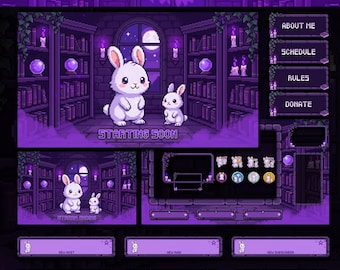 Cozy Purple Magic Library Stream Package Animated Pixel Art Bunny Twitch Overlay For Gaming