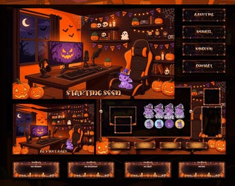 Animated Halloween Stream Pack Cute Dragon Cozy Gaming Room Twitch Overlay Graphics VTuber