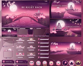 Japanese Sakura Castle Stream Package Pink Twitch Overlay Animated Screens Emotes Panels Package