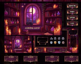 Cozy Magical Library Twitch Stream Package | Animated Purple Room Overlays | cute Cat Alerts Kit