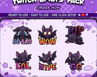 Cute Purple Bat Twitch Emotes Pack for Streamers, Discord
