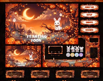 Cute Halloween Bunny Animated Stream Overlay Full Package Spooky Pumpkin Twitch Panels VTuber
