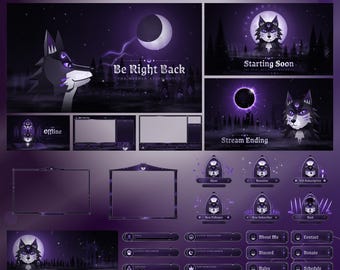 Dark Gothic Wolf Stream Overlay Pack | Purple Midnight Twitch Graphics | Alerts, Emotes, Panels