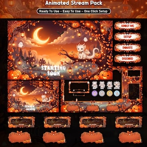 Könnte beinhalten: Ein animiertes Stream-Paket im Halloween-Design mit einem weißen Drachen, Kürbissen, Laternen und einer Mondsichel. Enthält Overlays, Panels mit der Beschriftung About Me, Setup, Donate, Discord sowie Chat-Badges mit Text wie RIP, GG, LOL und Hype.