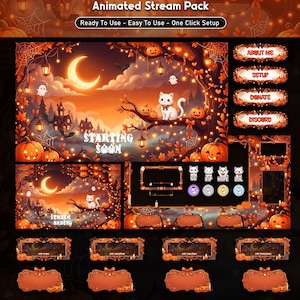 May include: An animated stream pack featuring a Halloween theme with orange and black colors. It includes overlays, panels, and alerts decorated with pumpkins, a white cat, ghosts, bats, and lanterns. Text includes "Animated Stream Pack", "Starting Soon", "Stream Ending", "About Me", "Setup", "Donate", "Discord", "GG", "RIP", "Hype", and "LOL".