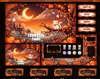 Animated Halloween Stream Package Twitch Overlay Cute Spooky Cat Pumpkins Fall Alerts Emotes