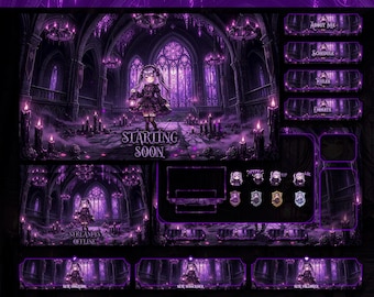 Dark Purple Gothic Cathedral Animated Stream Overlays Packs : Chibi Anime Girl For Twitch And VTubers