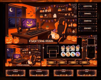 Animated Halloween Stream Pack Cozy Gamer Room Twitch Overlays with Orange Cat and Pumpkins