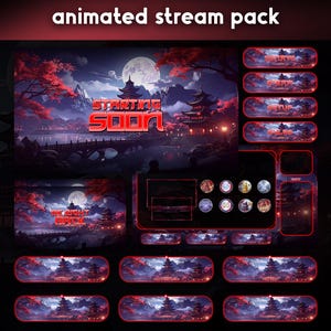 May include: An animated stream pack featuring a red and black theme with Japanese-style architecture, pagodas, and a full moon. Includes overlays with text such as STARTING SOON and BE RIGHT BACK, plus various rectangular buttons and circular icons.