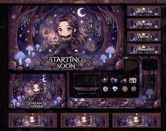 Cute Dark Gothic Chibi Witch Animated Stream Package for Twitch, VTuber Full Overlays & Alerts