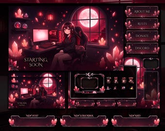 Animated Stream Package Red Crystal Anime Girl Cozy Dark Night Twitch Overlay Complete Pack